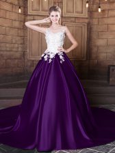 Sweet Purple Sweet 16 Dress Military Ball and Sweet 16 and Quinceanera with Lace and Appliques Scoop Sleeveless Court Train Lace Up