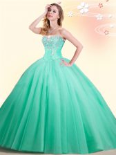 Fancy Sleeveless Floor Length Beading Lace Up Quinceanera Gown with Apple Green
