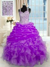 Glamorous Sleeveless Organza Floor Length Zipper Quinceanera Gowns in Lilac with Beading and Ruffles