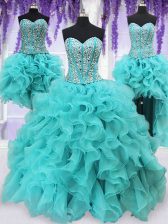 Custom Designed Four Piece Aqua Blue Sleeveless Floor Length Beading and Ruffles Lace Up Quinceanera Gown