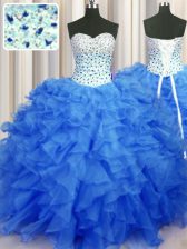  Floor Length Lace Up Sweet 16 Quinceanera Dress Blue for Military Ball and Sweet 16 and Quinceanera with Beading and Ruffles