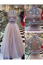  Pink Two Pieces High-neck Sleeveless Tulle Floor Length Zipper Beading Prom Dress