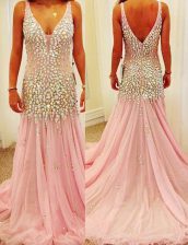 Sophisticated Pink Mermaid V-neck Sleeveless Tulle Court Train Zipper Beading Prom Dress