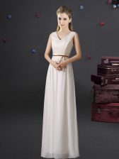  V-neck Sleeveless Damas Dress Floor Length Lace and Belt White Chiffon