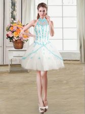 Simple See Through White Halter Top Lace Up Beading and Ruffles Prom Party Dress Sleeveless