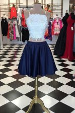 Fitting Lace Blue And White Sleeveless Beading Knee Length Homecoming Dress