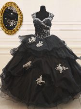  Cap Sleeves Floor Length Zipper Sweet 16 Quinceanera Dress Black for Military Ball and Sweet 16 and Quinceanera with Beading and Appliques and Ruffles