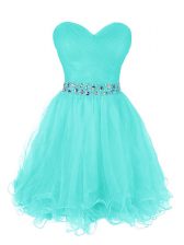 Fine Turquoise Organza Zipper Prom Dresses Sleeveless Mini Length Beading and Ruffled Layers