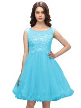 Adorable Knee Length Baby Blue Prom Dresses Organza Sleeveless Beading and Appliques