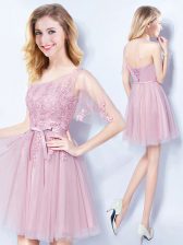 One Shoulder Sleeveless Tulle Mini Length Lace Up Court Dresses for Sweet 16 in Pink with Appliques and Belt