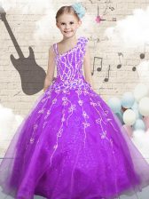 Lovely Sleeveless Organza Floor Length Lace Up Child Pageant Dress in Purple with Beading and Appliques and Hand Made Flower