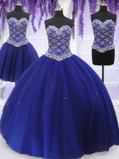 Luxury Three Piece Royal Blue Lace Up Sweetheart Beading Quinceanera Dresses Tulle Sleeveless