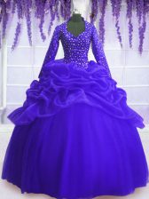 Royal Blue Ball Gowns Sequins and Pick Ups Vestidos de Quinceanera Zipper Organza Long Sleeves Floor Length