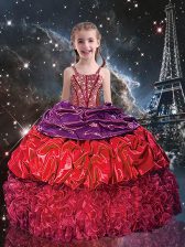 Stunning Organza Spaghetti Straps Sleeveless Lace Up Beading and Ruffles and Pick Ups Little Girl Pageant Gowns in Red