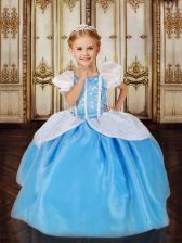  Sequins Scoop Short Sleeves Zipper Child Pageant Dress White and Blue and Blue And White Tulle