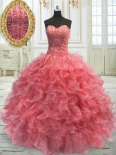 Fashionable Ball Gowns Quince Ball Gowns Watermelon Red Sweetheart Organza Sleeveless Floor Length Lace Up