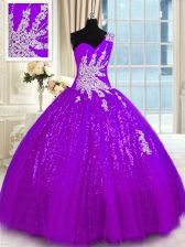  One Shoulder Floor Length Purple Quinceanera Gowns Tulle and Sequined Sleeveless Appliques