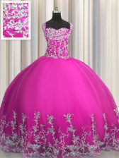 Free and Easy Fuchsia Sleeveless Floor Length Beading and Appliques Lace Up Vestidos de Quinceanera