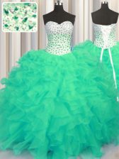  Turquoise Ball Gowns Beading and Ruffles Quinceanera Dress Lace Up Organza Sleeveless Floor Length