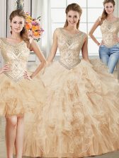  Three Piece Champagne Tulle Lace Up Scoop Sleeveless Floor Length 15 Quinceanera Dress Beading and Ruffles