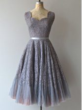 Excellent Lace Grey Square Neckline Belt Prom Gown Sleeveless Zipper