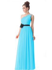 Sumptuous One Shoulder Floor Length Side Zipper Evening Dress Blue for Prom and Party with Beading and Ruching and Belt