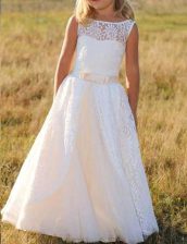 Colorful Lace Bateau Sleeveless Zipper Lace Flower Girl Dress in White