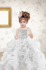  Floor Length Grey Little Girl Pageant Dress Organza Sleeveless Beading and Ruffles and Sequins