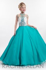 Most Popular Teal Kids Pageant Dress Party and Wedding Party with Beading High-neck Sleeveless Zipper