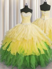  Multi-color Ball Gowns Sweetheart Sleeveless Organza Floor Length Lace Up Beading and Ruffles and Ruffled Layers and Sequins Vestidos de Quinceanera