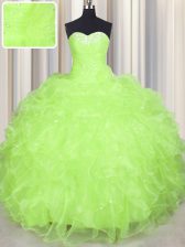  Yellow Green Ball Gowns Organza Sweetheart Sleeveless Beading and Ruffles Floor Length Lace Up 15th Birthday Dress