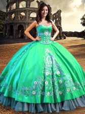 Attractive Off the Shoulder Satin Sleeveless Floor Length Sweet 16 Quinceanera Dress and Lace and Embroidery
