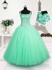  Floor Length Turquoise Pageant Gowns For Girls Tulle Sleeveless Beading and Sequins