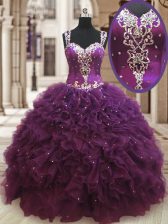  Floor Length Dark Purple Ball Gown Prom Dress Straps Sleeveless Zipper