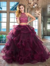 Dynamic Halter Top Sleeveless Tulle Brush Train Backless Vestidos de Quinceanera in Burgundy with Beading and Ruffles