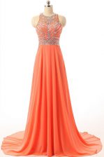 Superior Orange Prom Gown Halter Top Sleeveless Court Train Backless