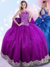 Custom Fit Halter Top Floor Length Ball Gowns Sleeveless Eggplant Purple 15 Quinceanera Dress Lace Up