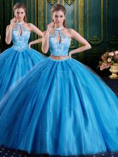 Exceptional Sleeveless Floor Length Beading and Appliques Lace Up Sweet 16 Dress with Baby Blue