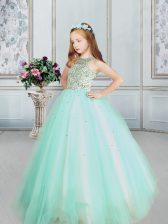  Scoop Apple Green Ball Gowns Beading Little Girls Pageant Dress Wholesale Lace Up Tulle Sleeveless Floor Length