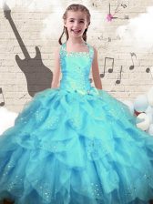 Amazing Halter Top Sleeveless Organza Floor Length Lace Up Kids Formal Wear in Aqua Blue with Beading and Ruffles