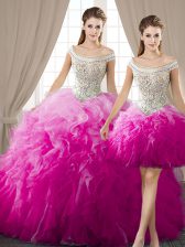 Delicate Three Piece Off The Shoulder Sleeveless Quinceanera Gowns Floor Length Beading and Ruffles Fuchsia Organza