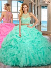  Floor Length Two Pieces Sleeveless Apple Green Sweet 16 Dresses Lace Up