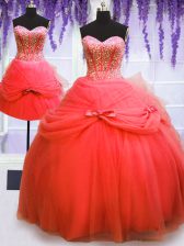 Flare Three Piece Coral Red Ball Gowns Sweetheart Sleeveless Tulle Floor Length Lace Up Beading and Bowknot Quinceanera Dress