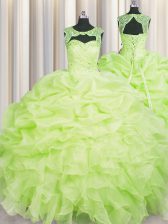 Elegant Organza Scoop Sleeveless Lace Up Beading and Pick Ups 15th Birthday Dress in Yellow Green