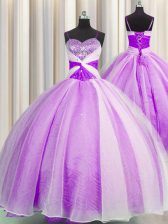  Lilac Organza Lace Up Spaghetti Straps Sleeveless Floor Length Sweet 16 Dress Beading and Sequins and Ruching