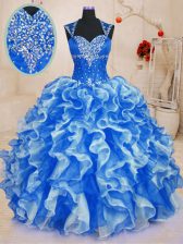  Royal Blue Ball Gowns Beading and Ruffles Sweet 16 Dresses Lace Up Organza Sleeveless Floor Length