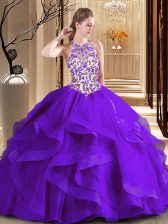 Custom Designed Scoop Purple Ball Gowns Embroidery Quince Ball Gowns Lace Up Tulle Sleeveless