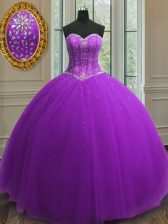  Purple Ball Gowns Tulle Sweetheart Sleeveless Beading and Sequins Floor Length Lace Up 15 Quinceanera Dress