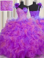 Fashion Handcrafted Flower Ball Gowns Quinceanera Dresses Multi-color One Shoulder Tulle Sleeveless Floor Length Lace Up
