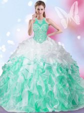 Nice Halter Top Sleeveless Quinceanera Gowns Floor Length Beading and Ruffles and Pick Ups Multi-color Organza